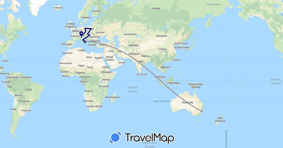 TravelMap itinerary: driving, plane in Austria, Australia, Czech Republic, Germany, Croatia, Hungary, Italy, Poland (Europe, Oceania)